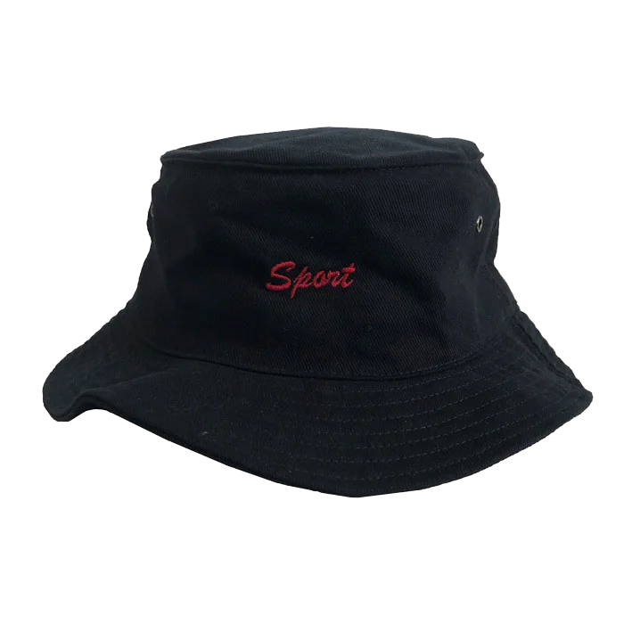 navy bucket hat with red script writing of the word sport